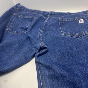 Big bill work jeans with yellow reflective stripes on legs, 46x30